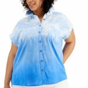 Style & Co Plus Size Cotton Ombre Camp Shirt Super Sonic Blue Size 0X